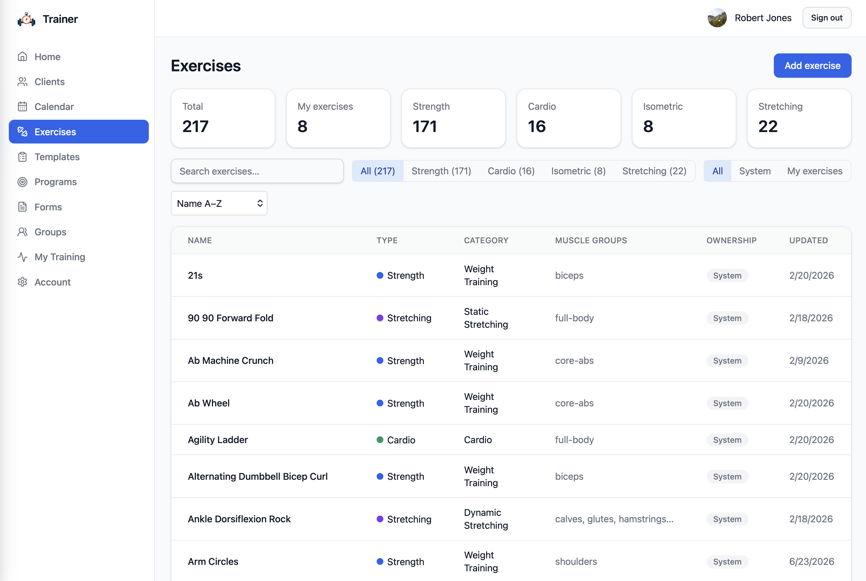 Browse and create exercises
